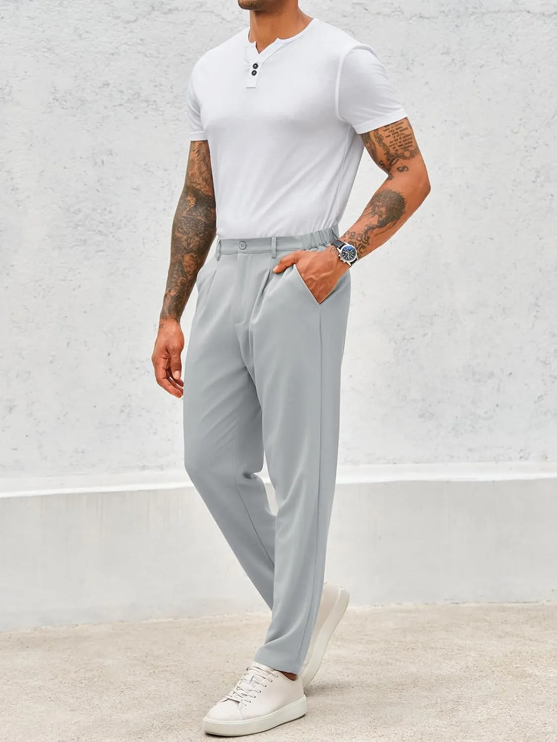 Runcati Mens Slim Fit Dress Pants Business Casual Golf Chino Pants Stretch Pleated Slacks