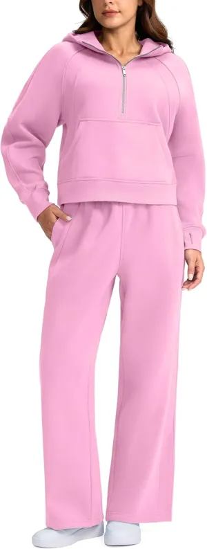 SANTINY Womens Sweatsuits 2 piece Set Fleece Lined Hoodies Crop Sweatshirt Winter Lounge Sets Wide Leg Sweatpants