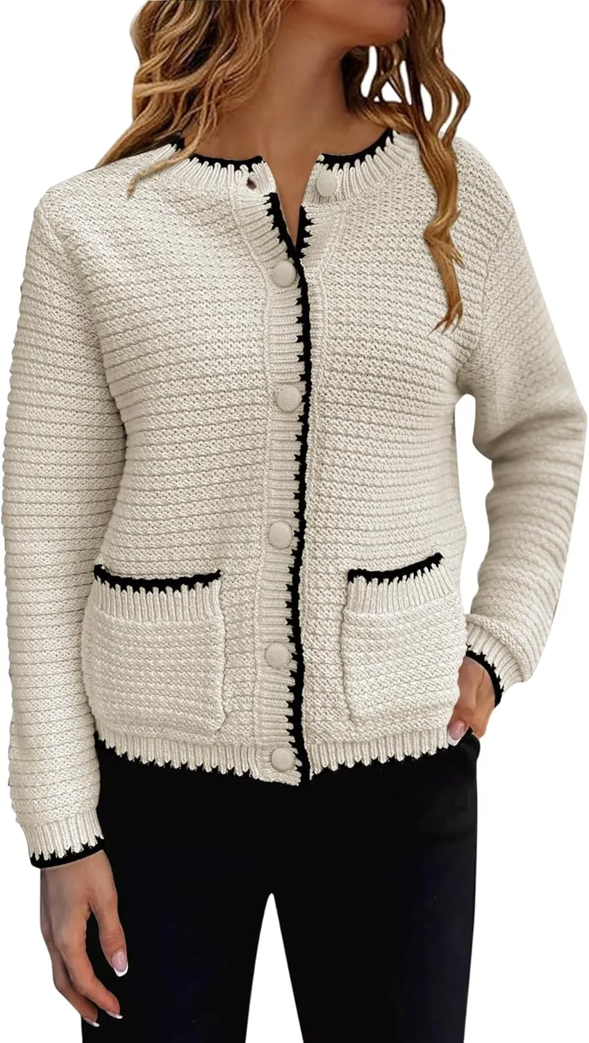 Saodimallsu Womens Button Down Cardigan Sweaters Long Sleeve Open Front Cropped Knit Jacket Coats with Pockets