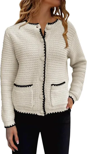 Saodimallsu Womens Button Down Cardigan Sweaters Long Sleeve Open Front Cropped Knit Jacket Coats with Pockets