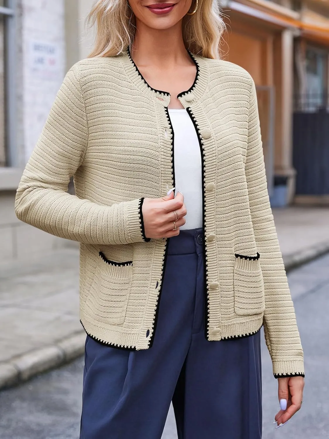 Saodimallsu Womens Button Down Cardigan Sweaters Long Sleeve Open Front Cropped Knit Jacket Coats with Pockets