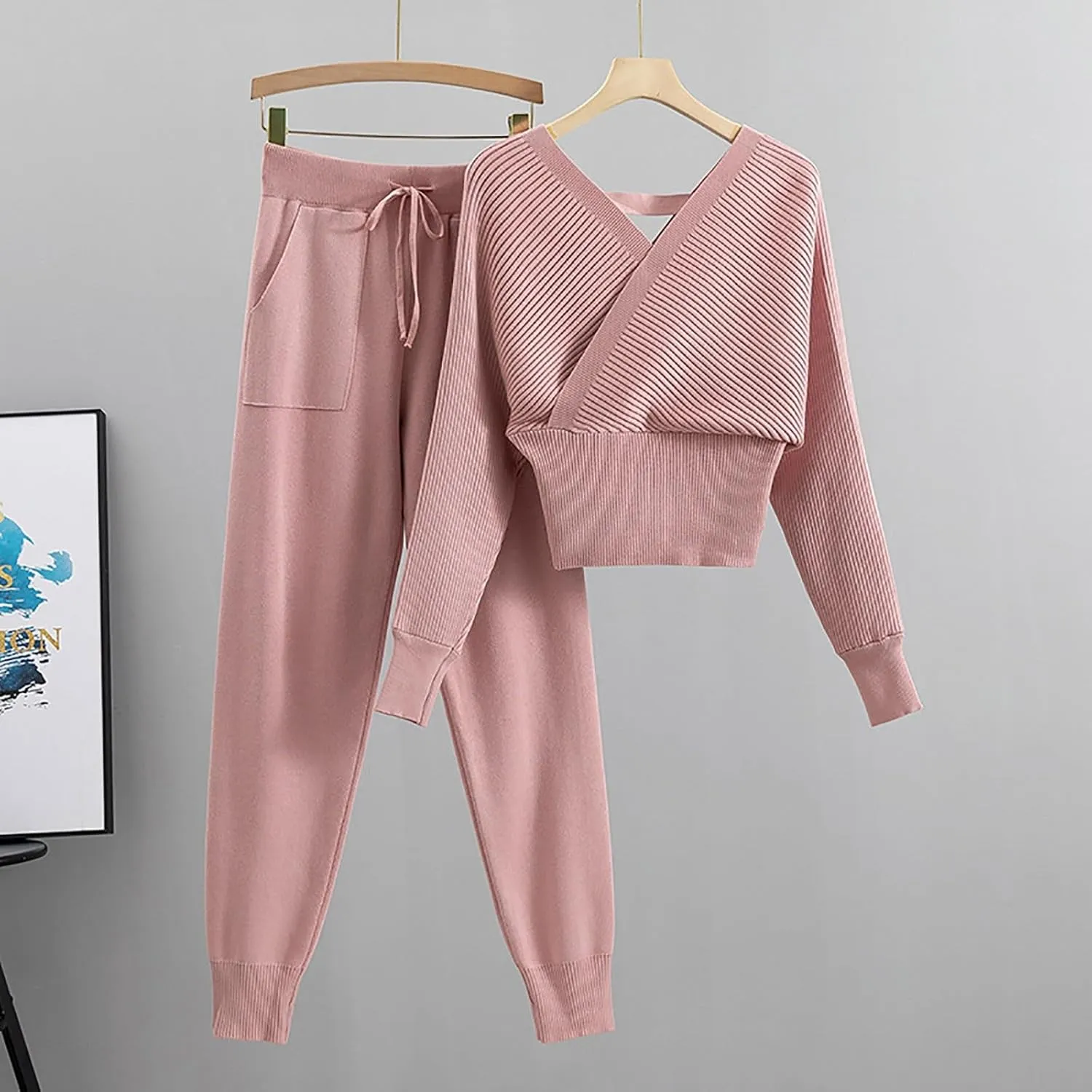 sdbrld Lounge Sets for Women,Womens Lounge Sets 2 Piece Outfits Long Sleeve Hooded Knit Sweater Wide Leg Pants Loungewear Set