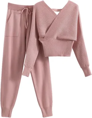 sdbrld Lounge Sets for Women,Womens Lounge Sets 2 Piece Outfits Long Sleeve Hooded Knit Sweater Wide Leg Pants Loungewear Set