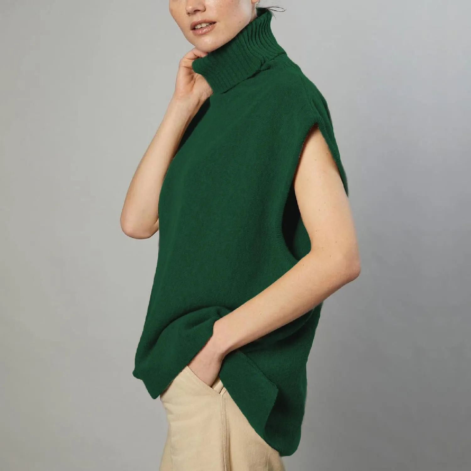 Sdencin Women Turtleneck Oversized Knitted Sweater Vest Sleeveless Split Hem Solid Loose Fit Pullover Tank Top Knitwear