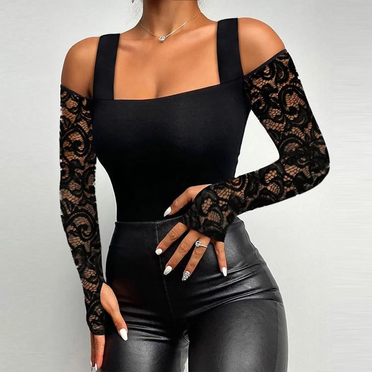 Sexy Tops for Women Long Sleeve Crop Top Turtleneck Shirt Cut Out Slim Fit Basic Tops Lace Sleeves with Thumb Hole