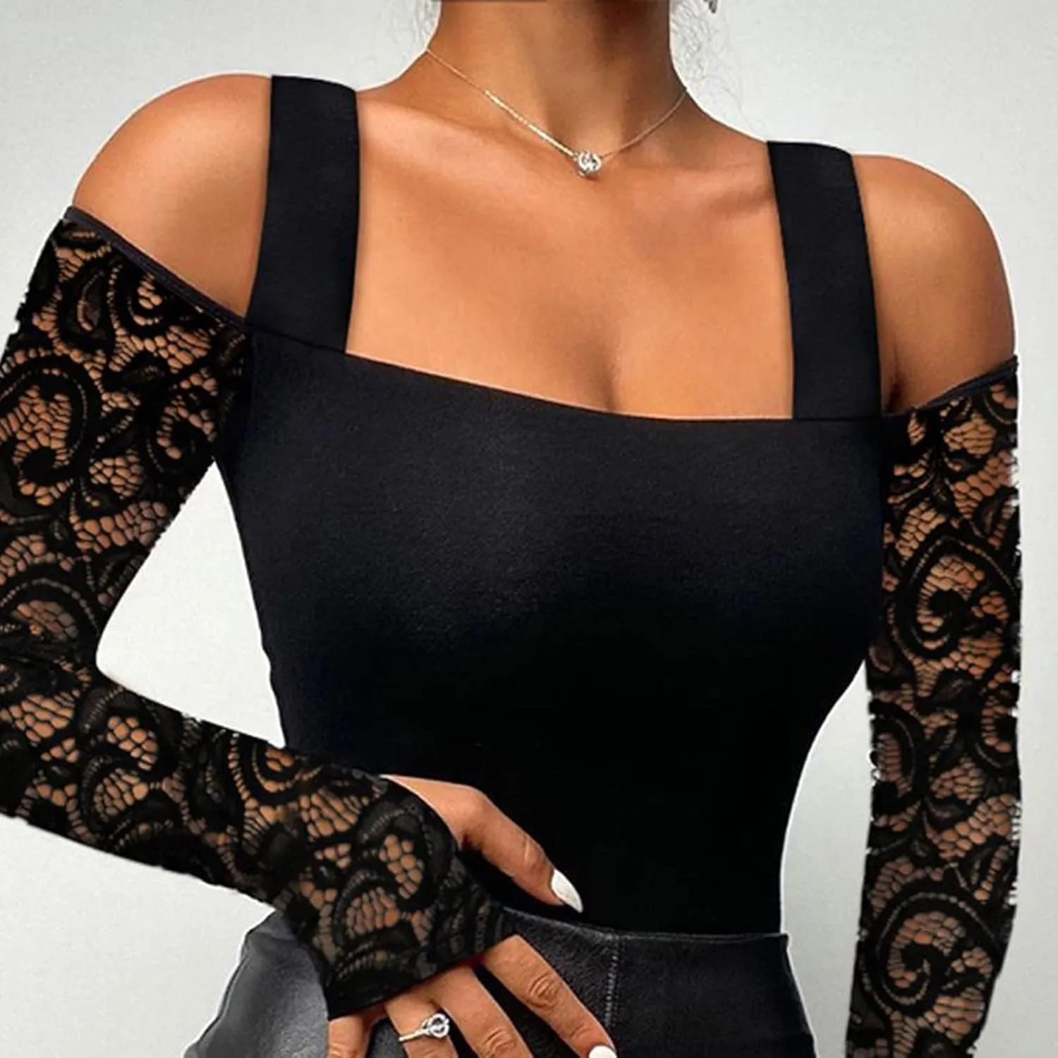 Sexy Tops for Women Long Sleeve Crop Top Turtleneck Shirt Cut Out Slim Fit Basic Tops Lace Sleeves with Thumb Hole