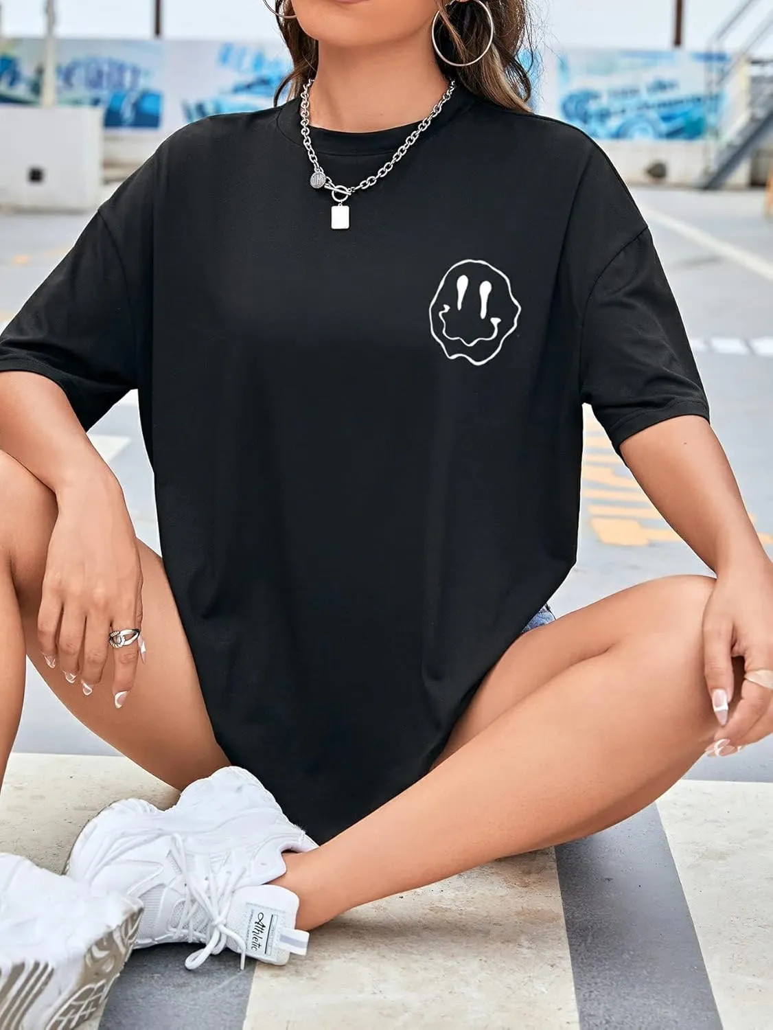 SHENHE Women's Short-Sleeve T Shirts Letter Print Oversized Top Graphic Tees Loose Casual Summer Tops