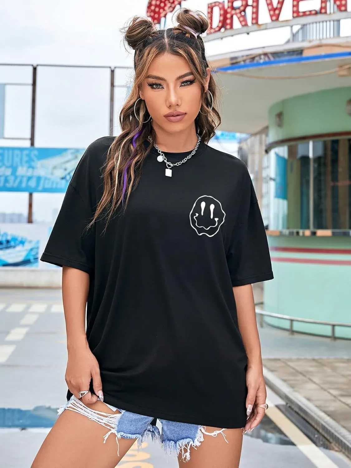 SHENHE Women's Short-Sleeve T Shirts Letter Print Oversized Top Graphic Tees Loose Casual Summer Tops
