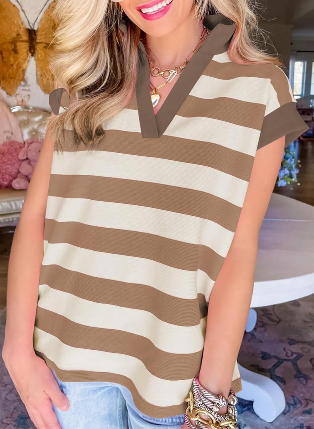 SHEWIN Womens Summer Tops Casual Short Sleeve Sweatshirt Color Block Striped Polo Shirts V Neck Pullover Tees Loose Blouses
