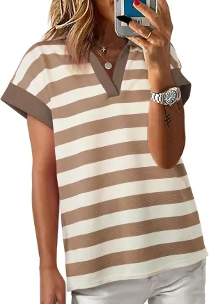 SHEWIN Womens Summer Tops Casual Short Sleeve Sweatshirt Color Block Striped Polo Shirts V Neck Pullover Tees Loose Blouses