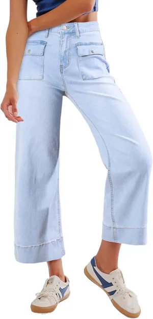 Sidefeel Women's Wide Leg Jeans High Waisted Stretchy Spring Outfit Zimbaplatinum Jeans with Patch Pockets