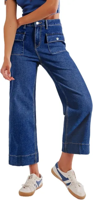 Sidefeel Women's Wide Leg Jeans High Waisted Stretchy Spring Outfit Zimbaplatinum Jeans with Patch Pockets