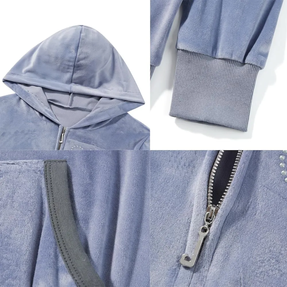 SOLILOQUY Women Y2K Vintage Zip Up Hoodie Fairy Grunge Rhinestone Print Cropped Hooded Sweatshirt Slim Fit Velvet Jacket Coat