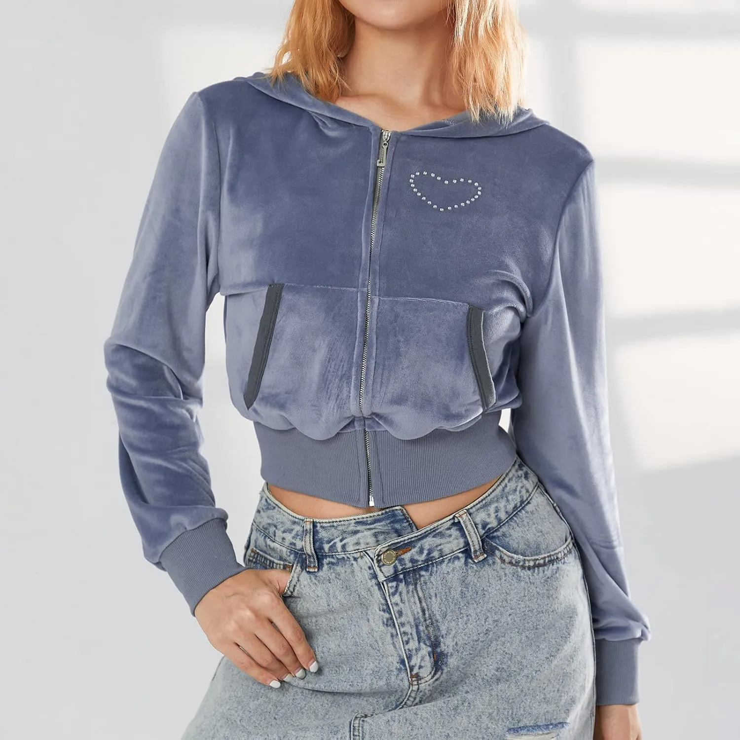 SOLILOQUY Women Y2K Vintage Zip Up Hoodie Fairy Grunge Rhinestone Print Cropped Hooded Sweatshirt Slim Fit Velvet Jacket Coat