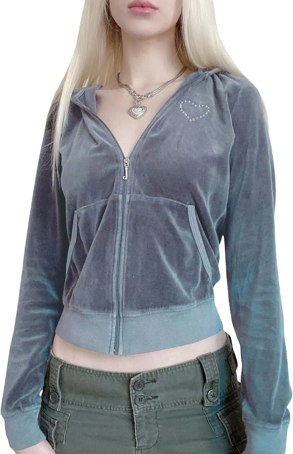 SOLILOQUY Women Y2K Vintage Zip Up Hoodie Fairy Grunge Rhinestone Print Cropped Hooded Sweatshirt Slim Fit Velvet Jacket Coat