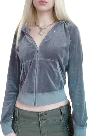 SOLILOQUY Women Y2K Vintage Zip Up Hoodie Fairy Grunge Rhinestone Print Cropped Hooded Sweatshirt Slim Fit Velvet Jacket Coat