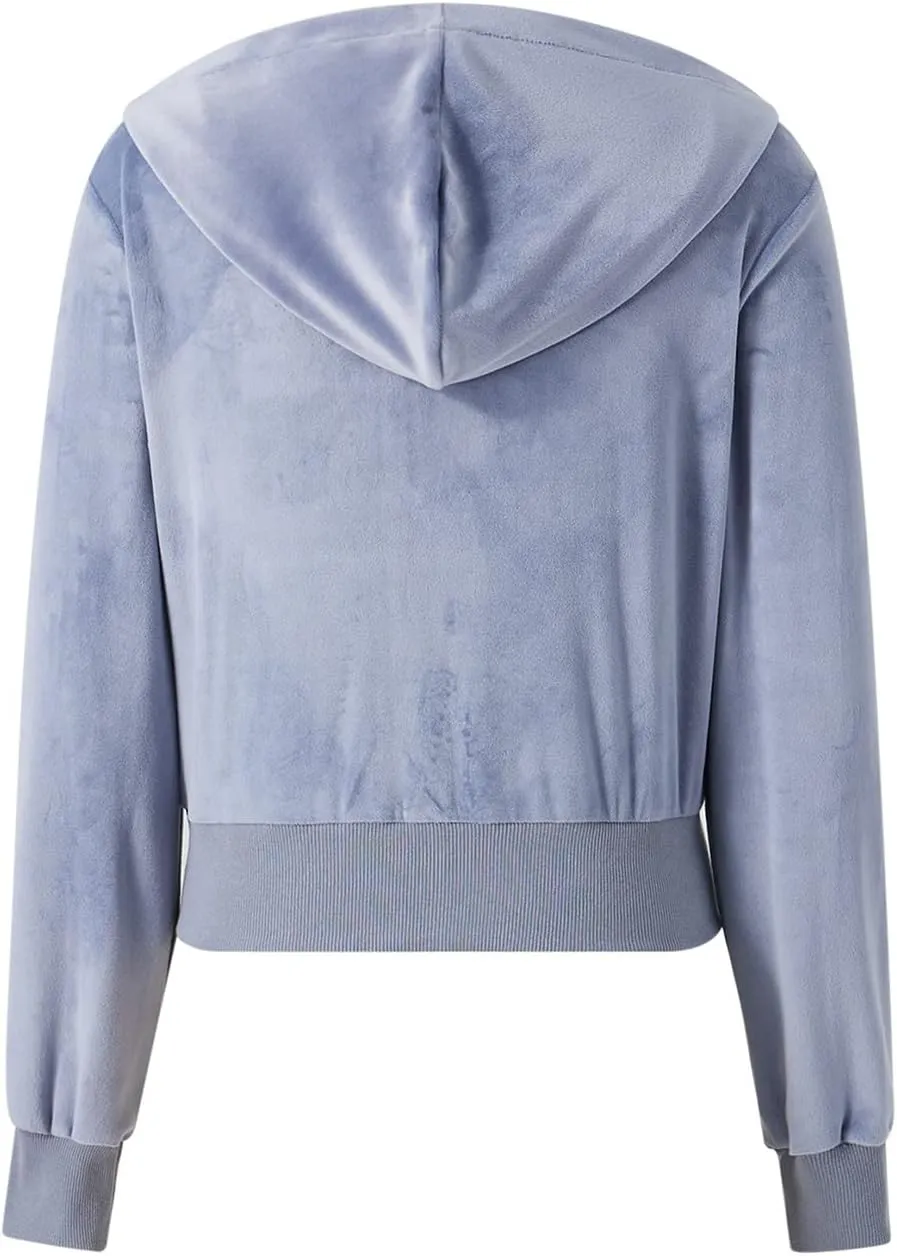 SOLILOQUY Women Y2K Vintage Zip Up Hoodie Fairy Grunge Rhinestone Print Cropped Hooded Sweatshirt Slim Fit Velvet Jacket Coat