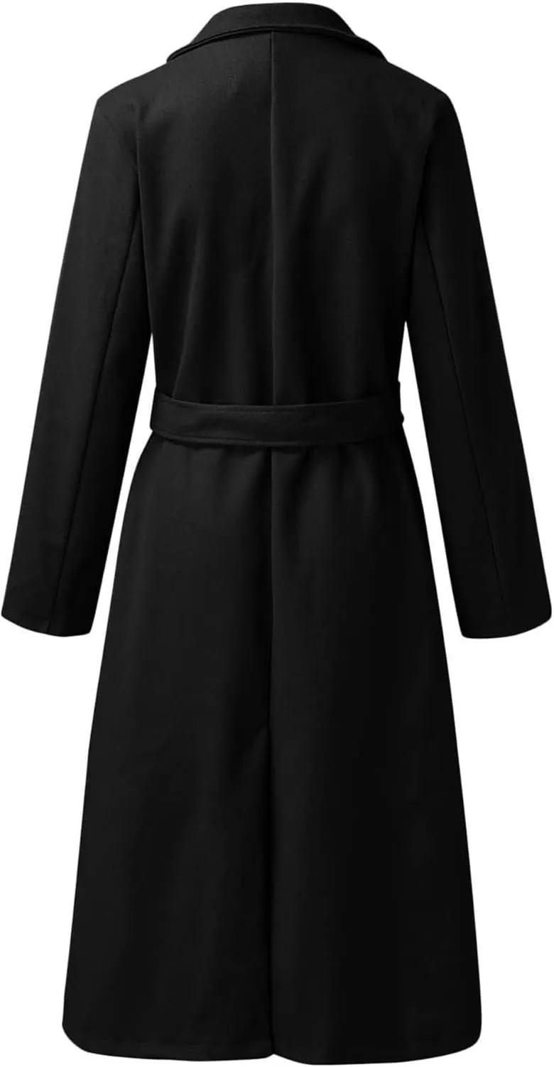 SOMTHRON Women's Wool Blend Pea Coat Open Front Notch Lapel Jacket Trench Coat Winter Long Overcoat with Belt