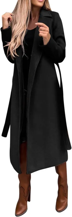 SOMTHRON Women's Wool Blend Pea Coat Open Front Notch Lapel Jacket Trench Coat Winter Long Overcoat with Belt