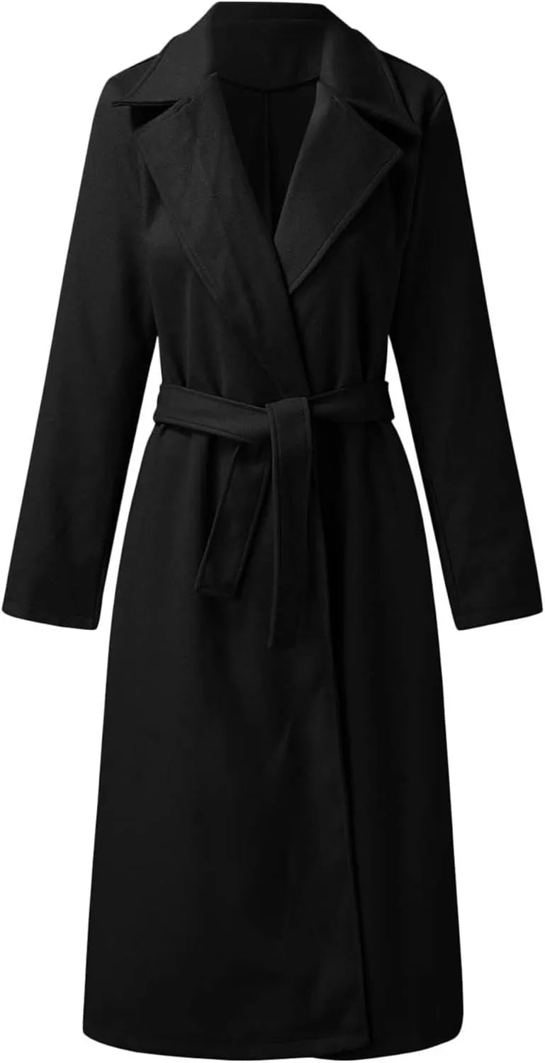 SOMTHRON Women's Wool Blend Pea Coat Open Front Notch Lapel Jacket Trench Coat Winter Long Overcoat with Belt
