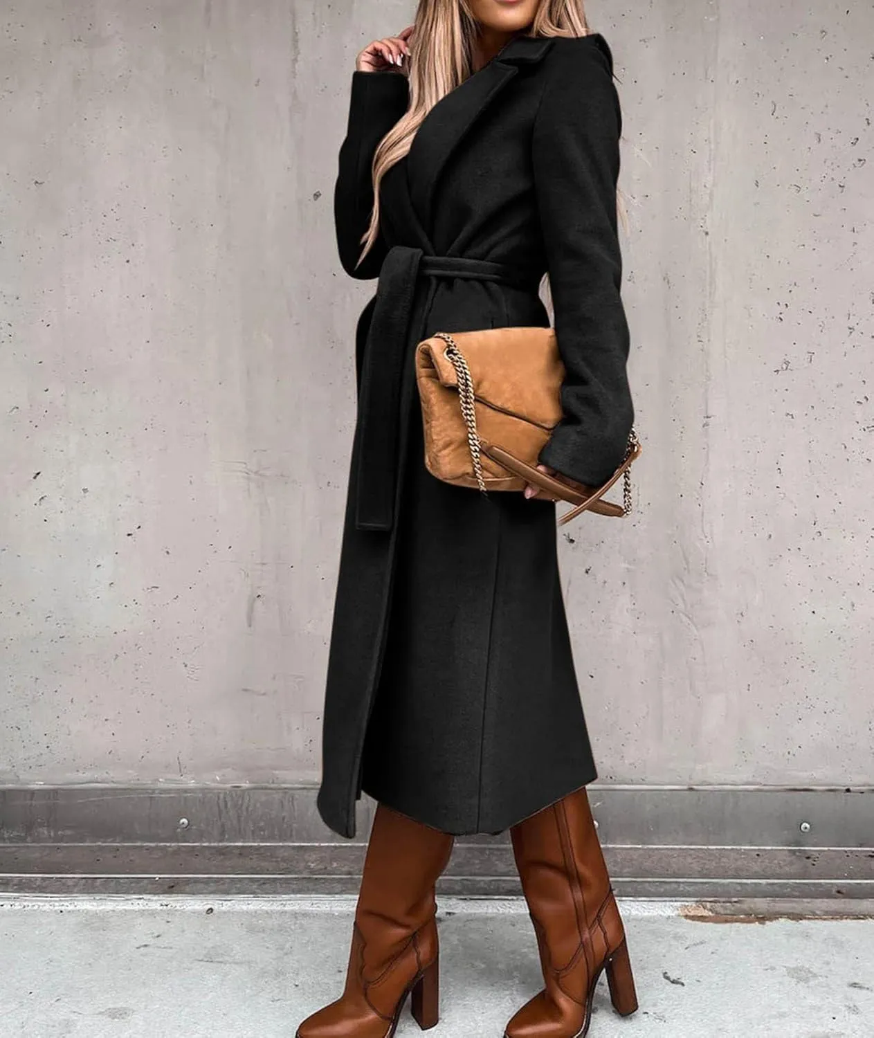 SOMTHRON Women's Wool Blend Pea Coat Open Front Notch Lapel Jacket Trench Coat Winter Long Overcoat with Belt