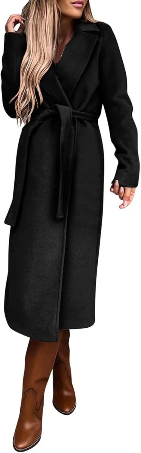 SOMTHRON Women's Wool Blend Pea Coat Open Front Notch Lapel Jacket Trench Coat Winter Long Overcoat with Belt