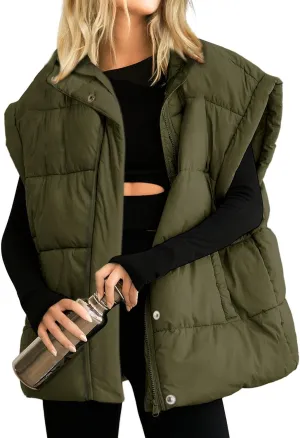 Songling Womens Oversized Puffer Vest Stand Collar Full Zip Sleeveless Bubble Puffer Vest Quilted Padded Warm Coat Outwear (Army-Green,M)