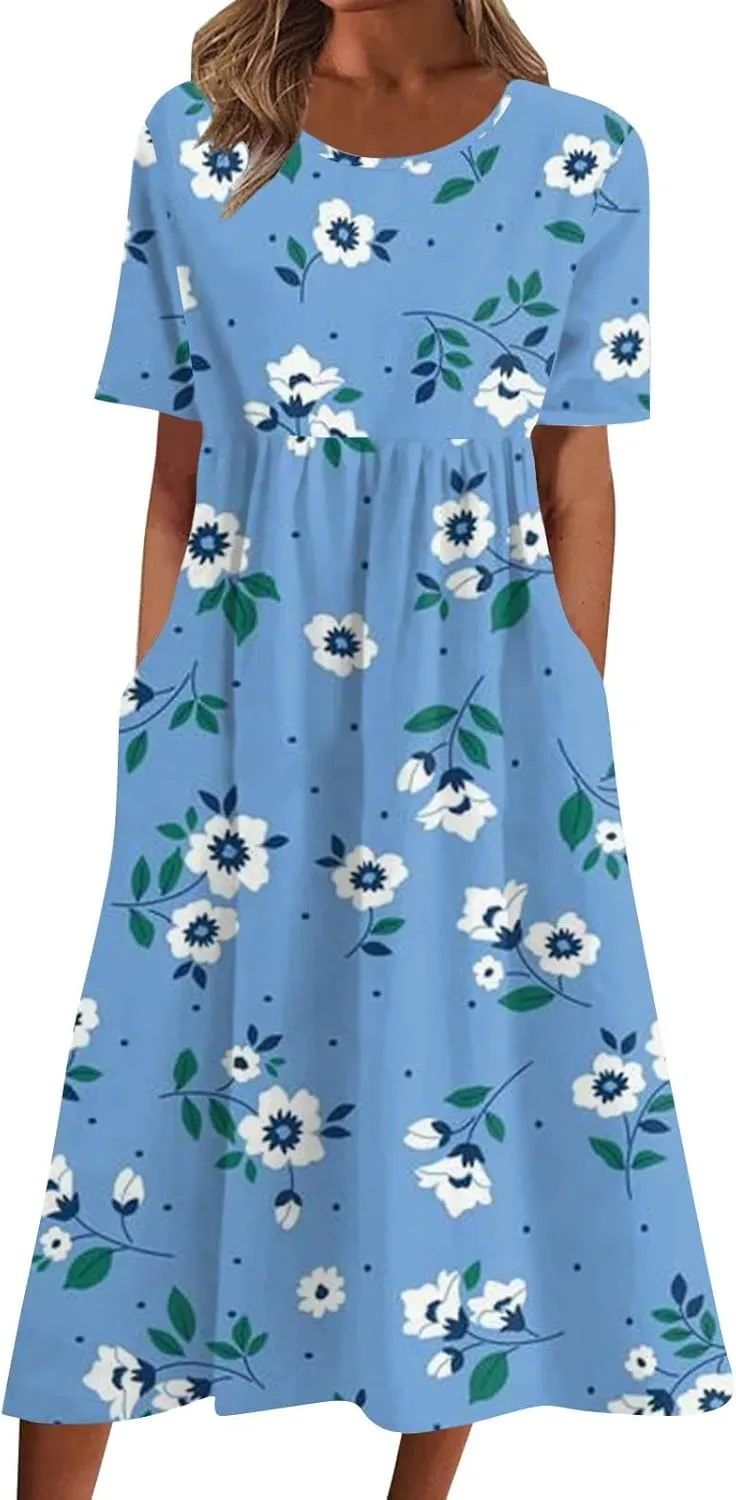 Summer Dresses for Women 2025 Casual Short Sleeve Floral Tshirt Dress Loose Boho Flowy Long Dresses with Pockets