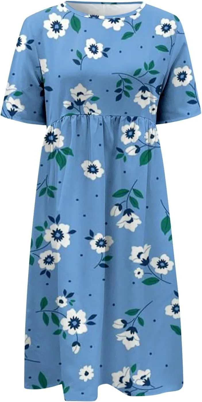 Summer Dresses for Women 2025 Casual Short Sleeve Floral Tshirt Dress Loose Boho Flowy Long Dresses with Pockets