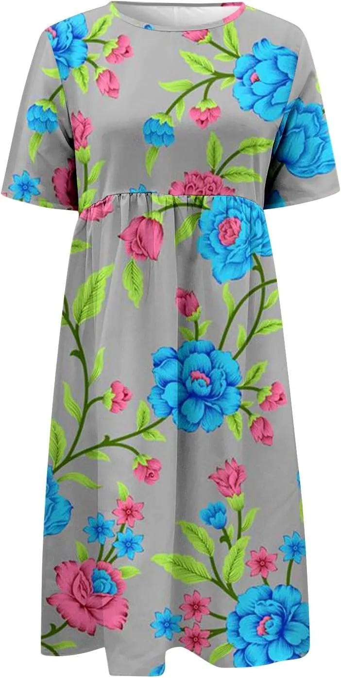Summer Dresses for Women 2025 Casual Short Sleeve Floral Tshirt Dress Loose Boho Flowy Long Dresses with Pockets
