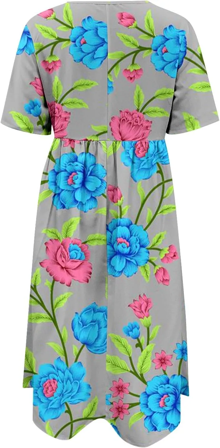 Summer Dresses for Women 2025 Casual Short Sleeve Floral Tshirt Dress Loose Boho Flowy Long Dresses with Pockets