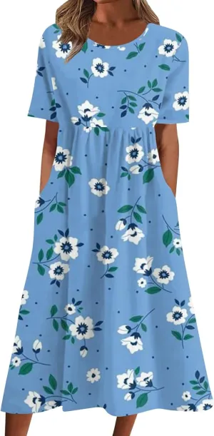 Summer Dresses for Women 2025 Casual Short Sleeve Floral Tshirt Dress Loose Boho Flowy Long Dresses with Pockets