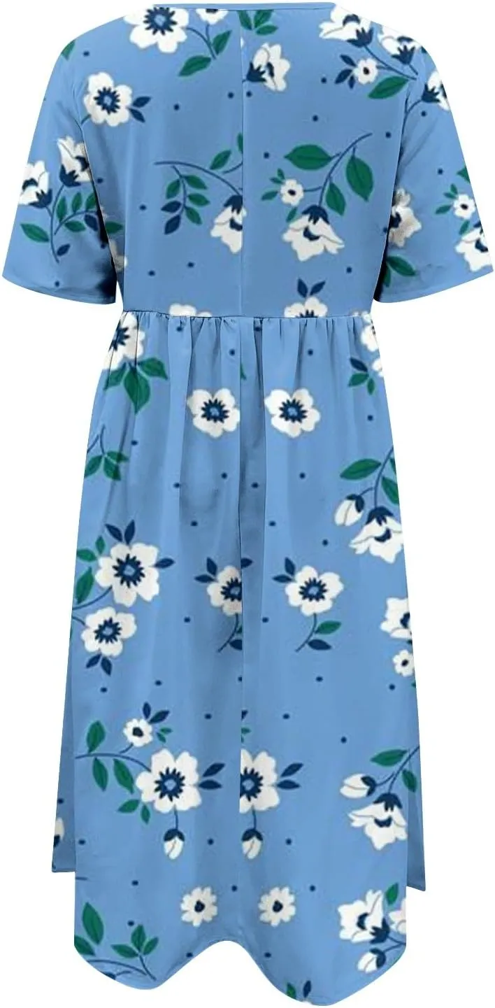 Summer Dresses for Women 2025 Casual Short Sleeve Floral Tshirt Dress Loose Boho Flowy Long Dresses with Pockets
