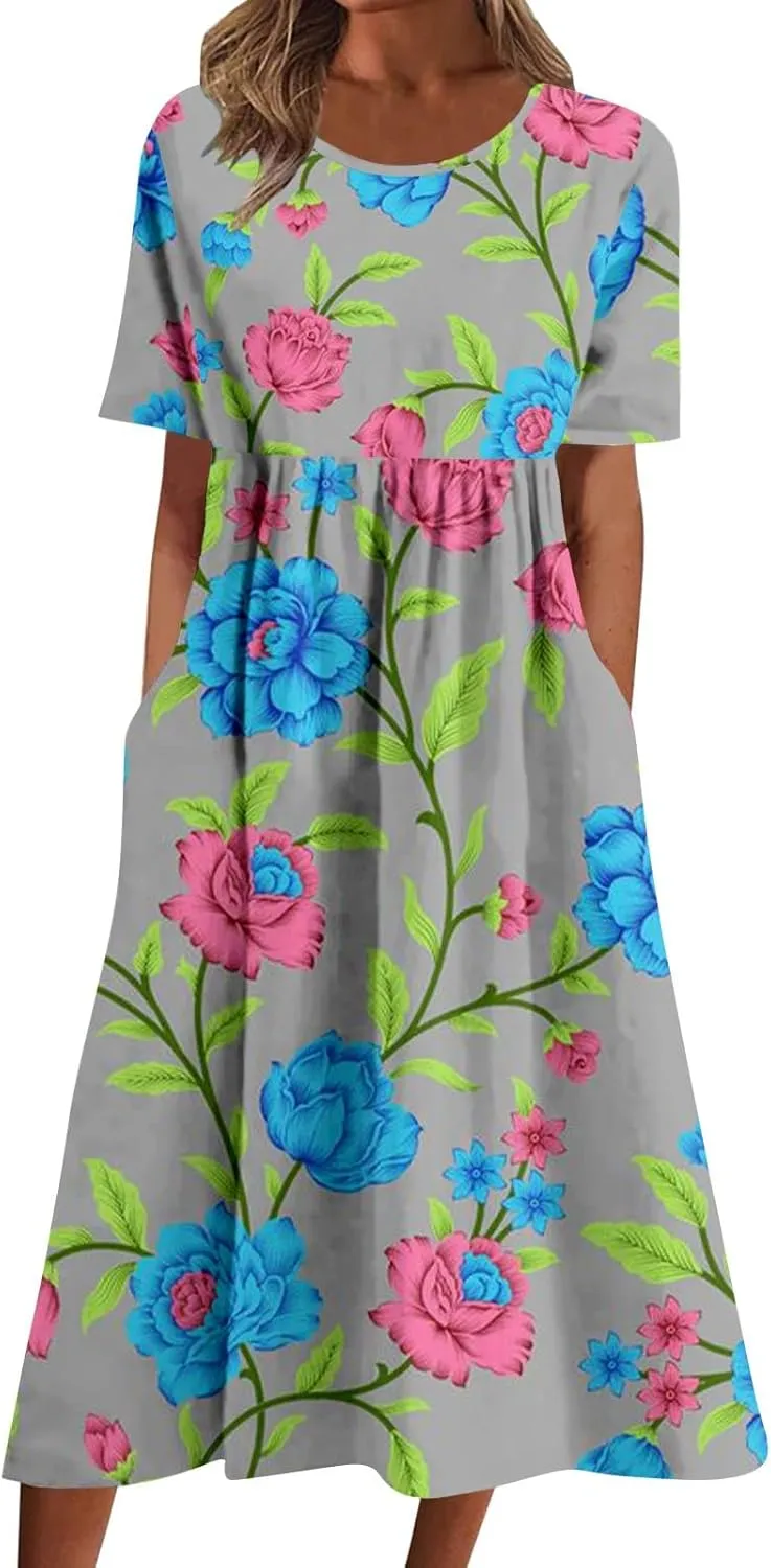 Summer Dresses for Women 2025 Casual Short Sleeve Floral Tshirt Dress Loose Boho Flowy Long Dresses with Pockets
