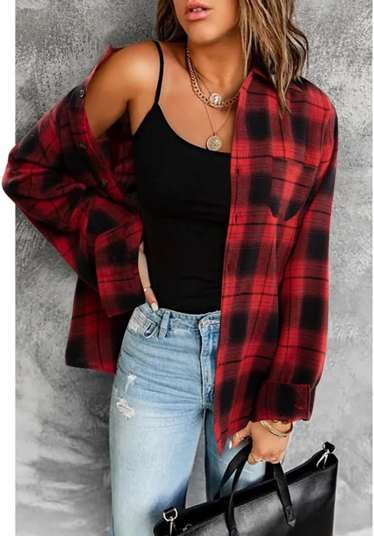 SUPEYA Womens Plaid Button Down Shirts Boyfriend Long Sleeve Shirt Cholo Plaid Tee Shirt Oversized Blouses Tops