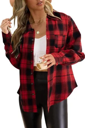 SUPEYA Womens Plaid Button Down Shirts Boyfriend Long Sleeve Shirt Cholo Plaid Tee Shirt Oversized Blouses Tops