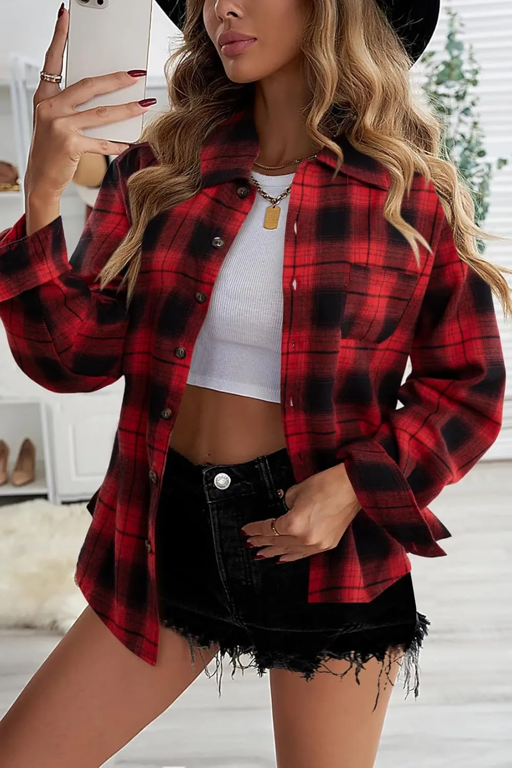 SUPEYA Womens Plaid Button Down Shirts Boyfriend Long Sleeve Shirt Cholo Plaid Tee Shirt Oversized Blouses Tops