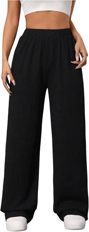SweatyRocks Women's Casual Textured Pants Elastic High Waisted Straight Leg Pant Loose Trousers