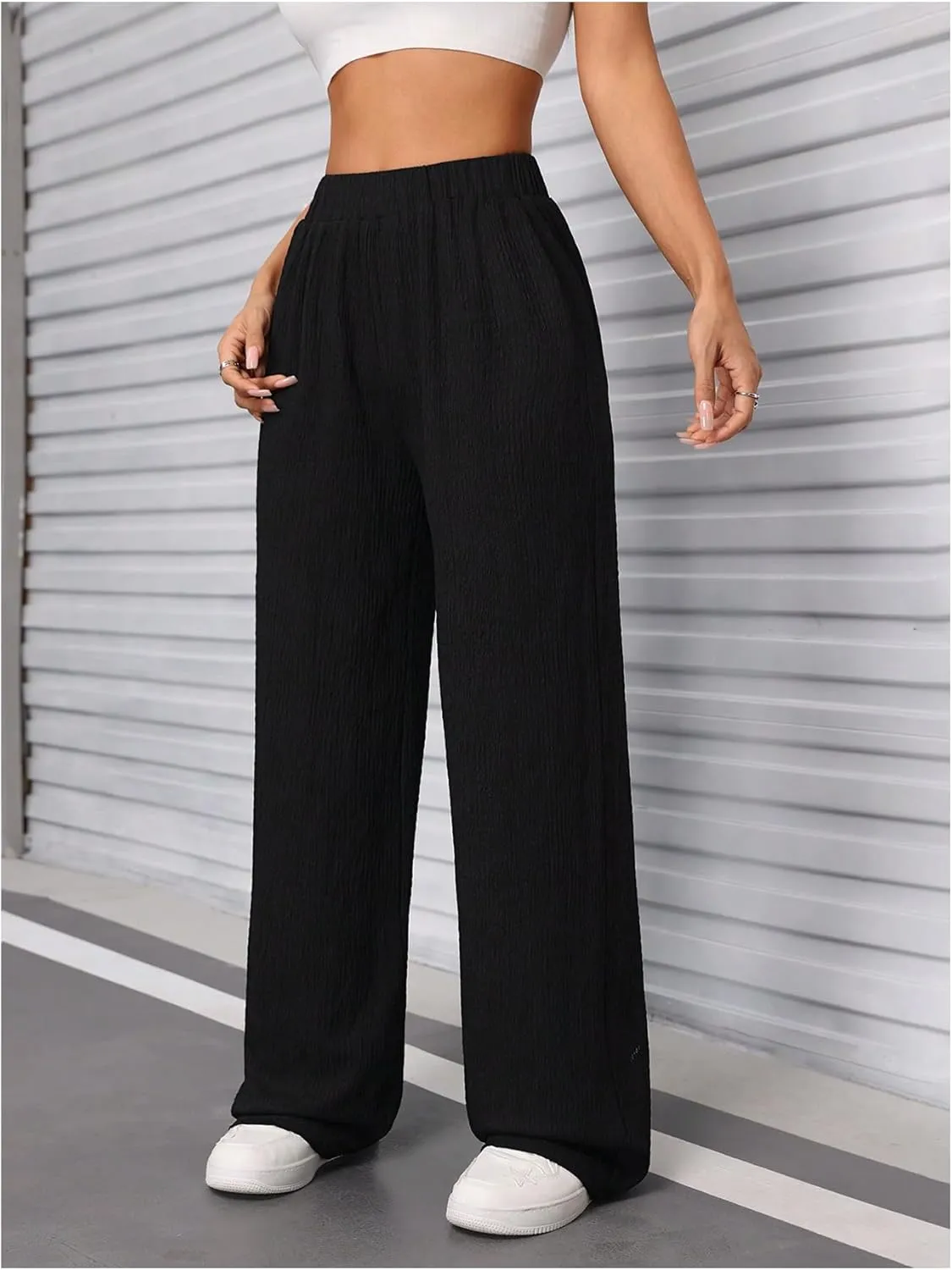 SweatyRocks Women's Casual Textured Pants Elastic High Waisted Straight Leg Pant Loose Trousers