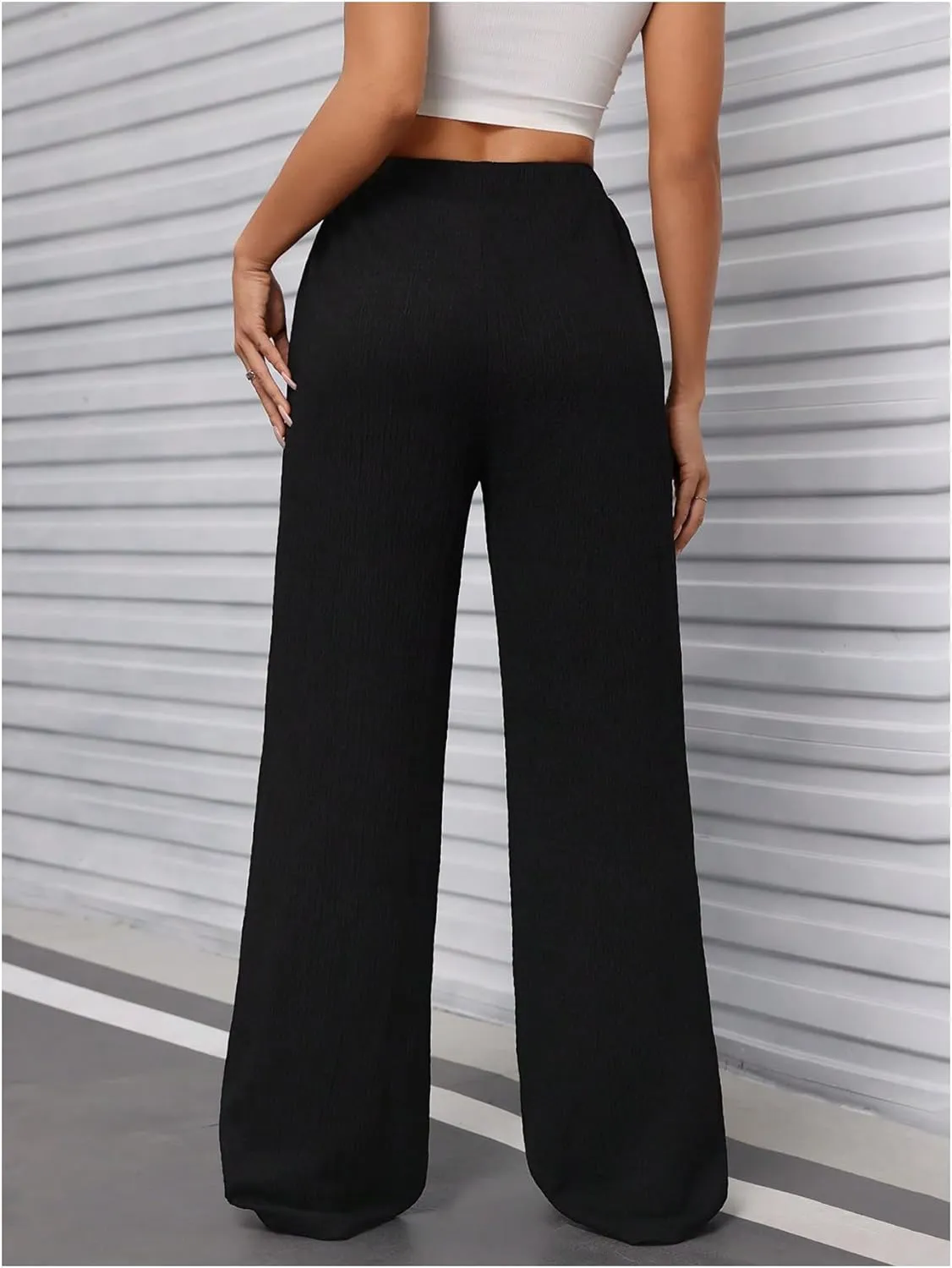 SweatyRocks Women's Casual Textured Pants Elastic High Waisted Straight Leg Pant Loose Trousers