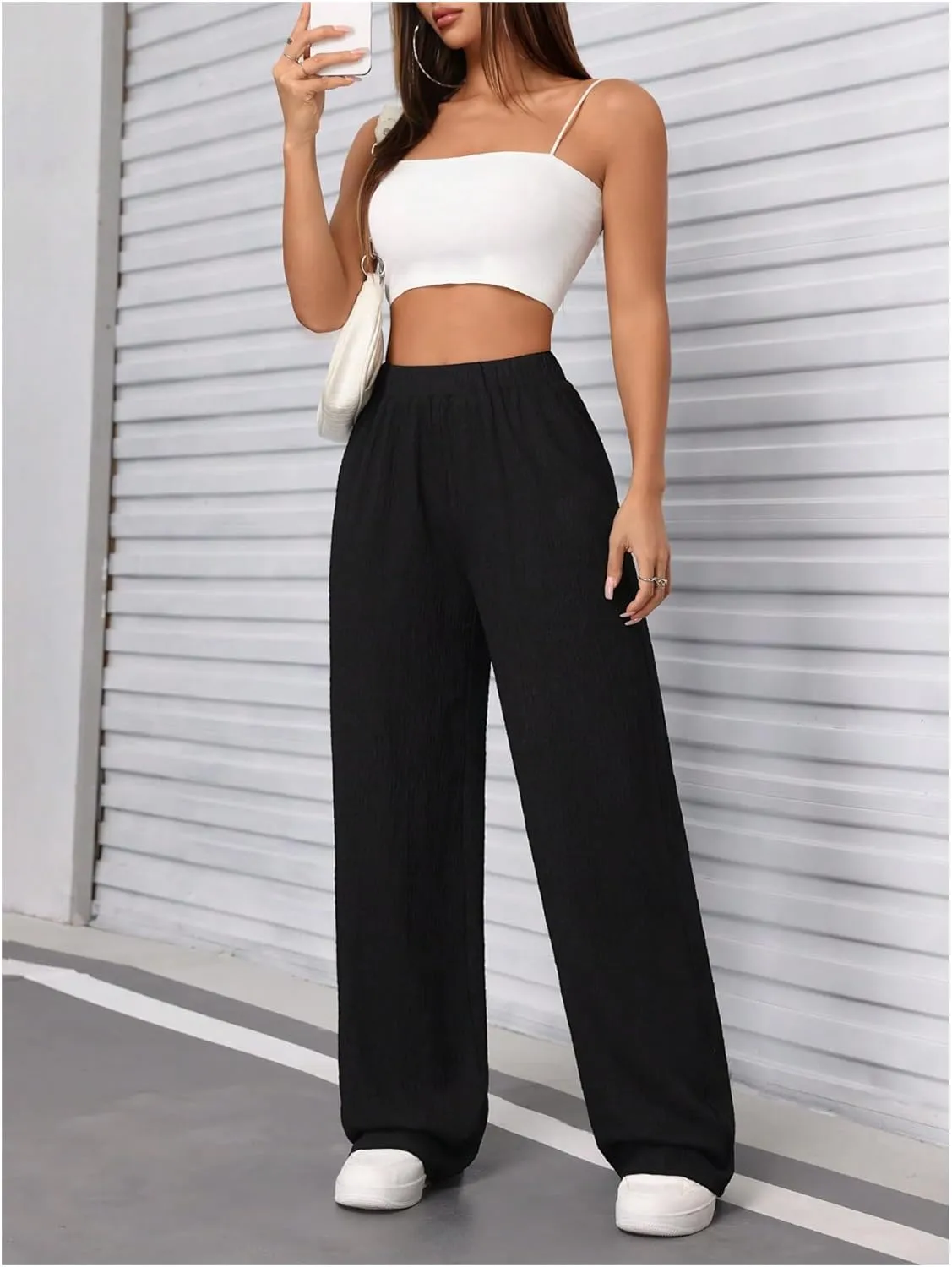 SweatyRocks Women's Casual Textured Pants Elastic High Waisted Straight Leg Pant Loose Trousers