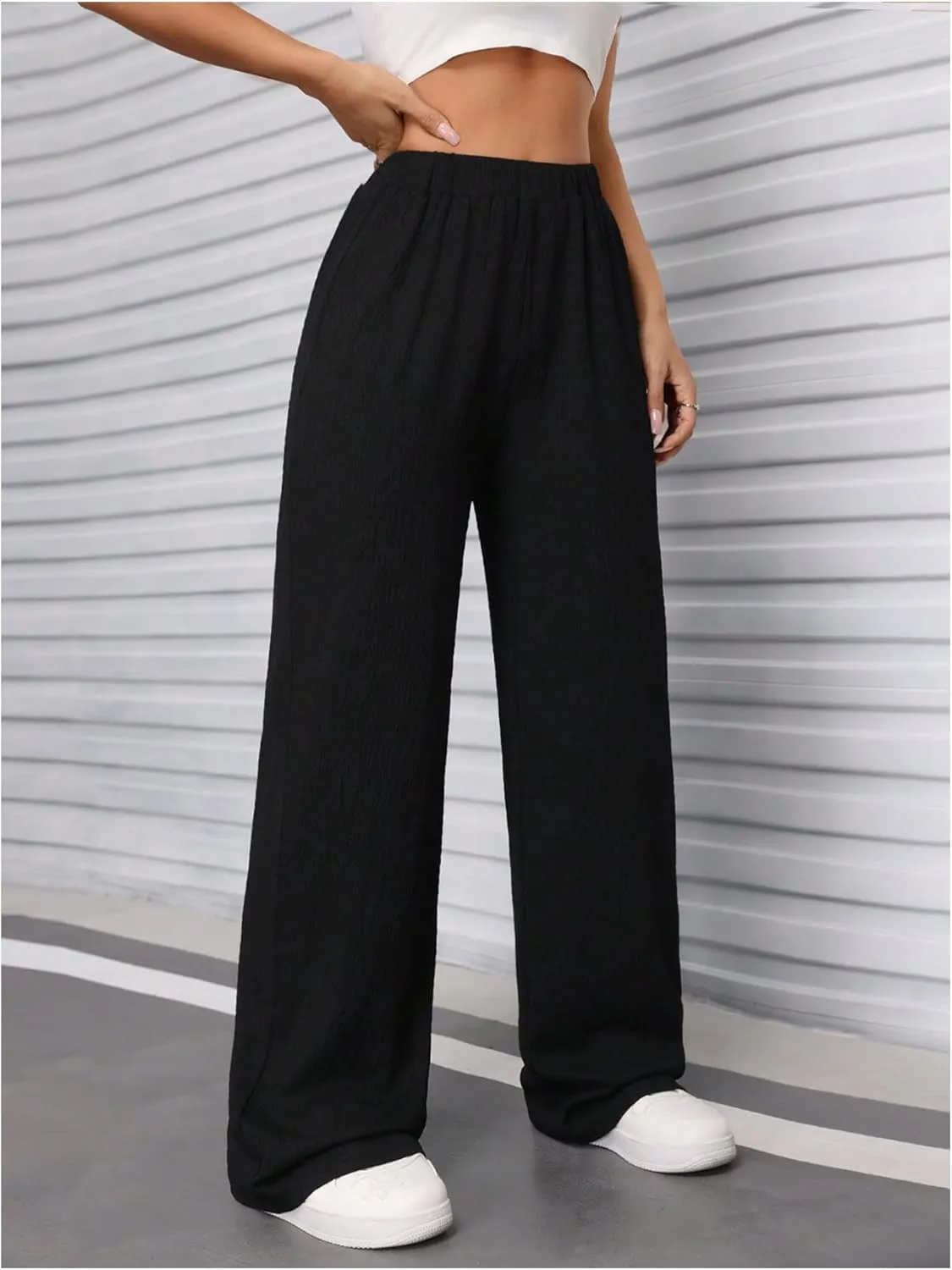 SweatyRocks Women's Casual Textured Pants Elastic High Waisted Straight Leg Pant Loose Trousers