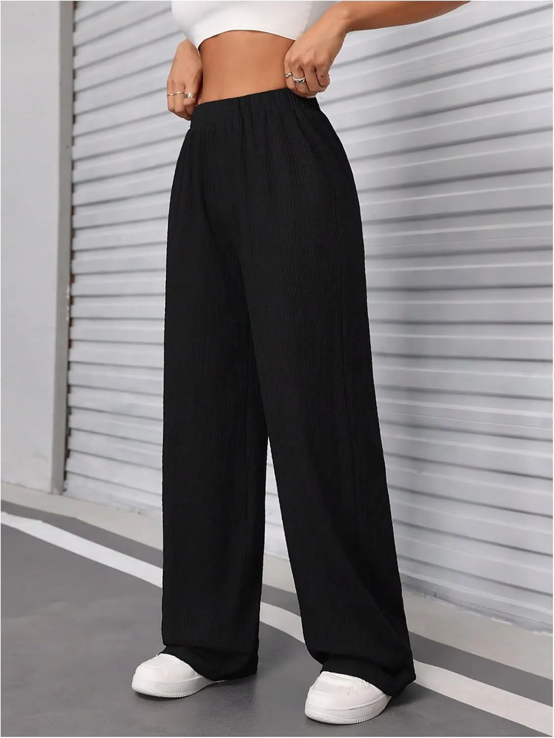 SweatyRocks Women's Casual Textured Pants Elastic High Waisted Straight Leg Pant Loose Trousers