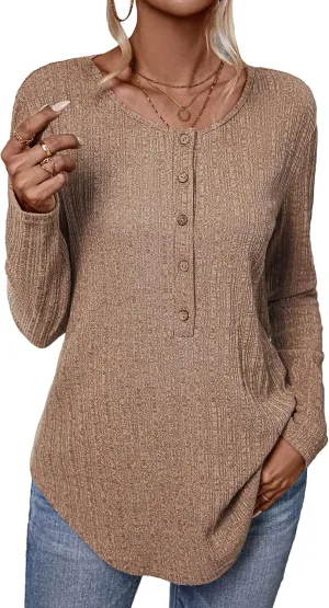 SweatyRocks Women's Long Sleeve V Neck Tee Knit Top Tee Button Detail Asymmetrical Hem Pullover T Shirt
