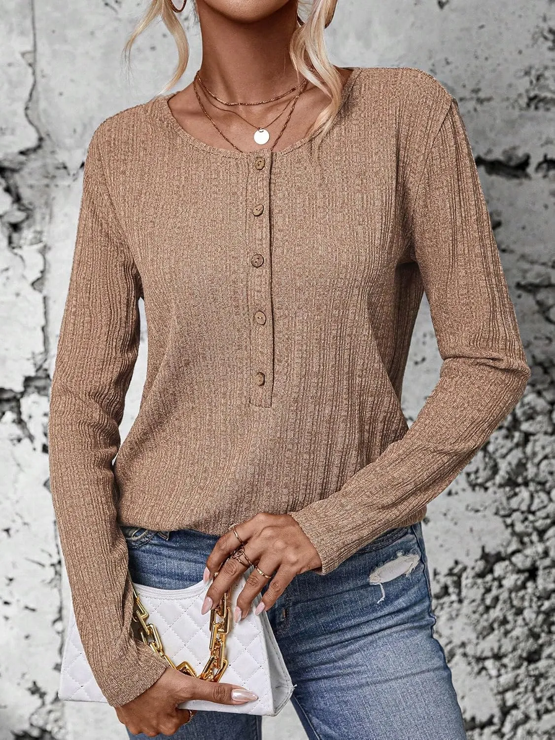 SweatyRocks Women's Long Sleeve V Neck Tee Knit Top Tee Button Detail Asymmetrical Hem Pullover T Shirt