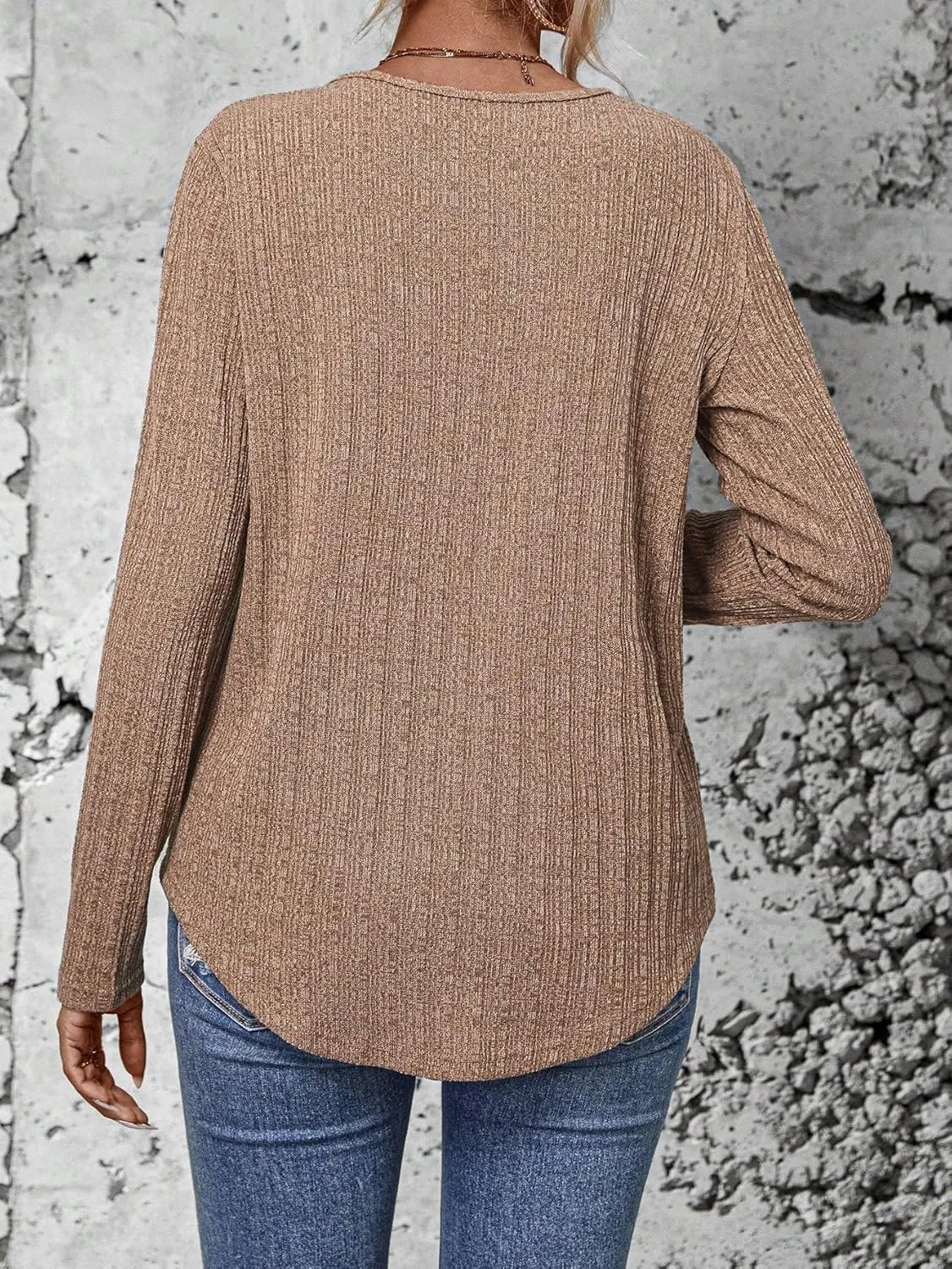 SweatyRocks Women's Long Sleeve V Neck Tee Knit Top Tee Button Detail Asymmetrical Hem Pullover T Shirt