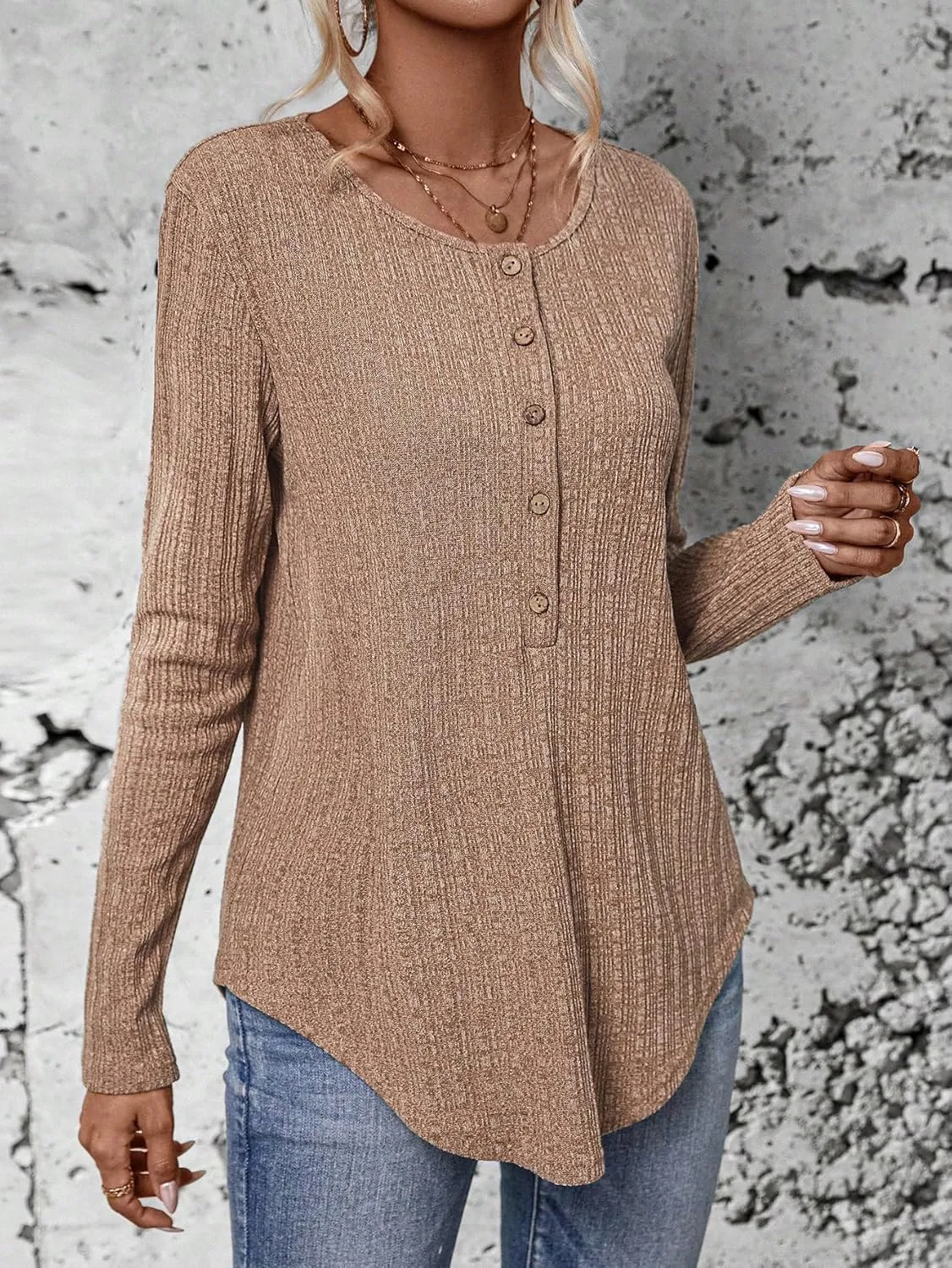 SweatyRocks Women's Long Sleeve V Neck Tee Knit Top Tee Button Detail Asymmetrical Hem Pullover T Shirt