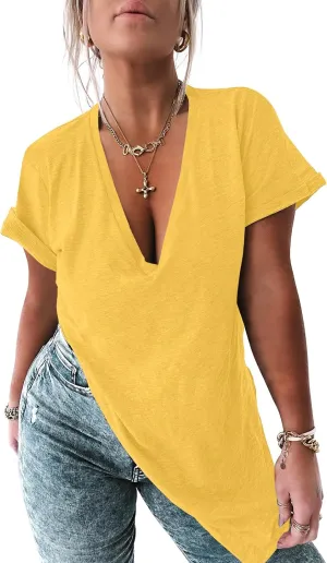 Tankaneo Womens Deep V Neck Short Sleeve T Shirts Side Slit Oversized Summer Loose Tunic Top