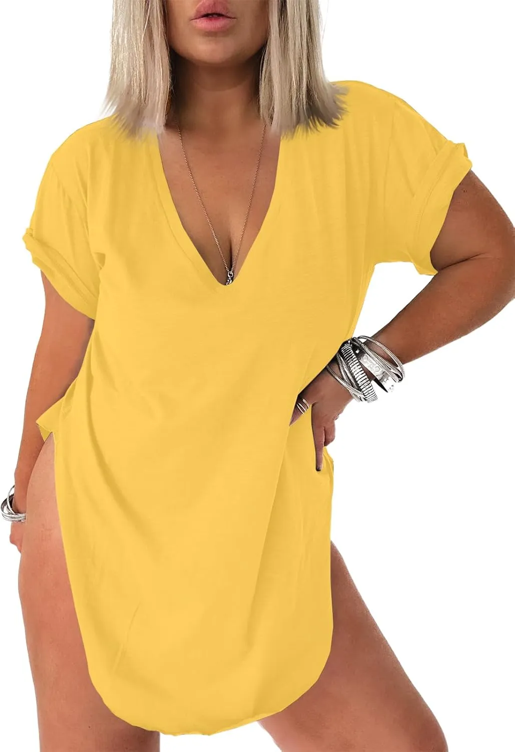 Tankaneo Womens Deep V Neck Short Sleeve T Shirts Side Slit Oversized Summer Loose Tunic Top