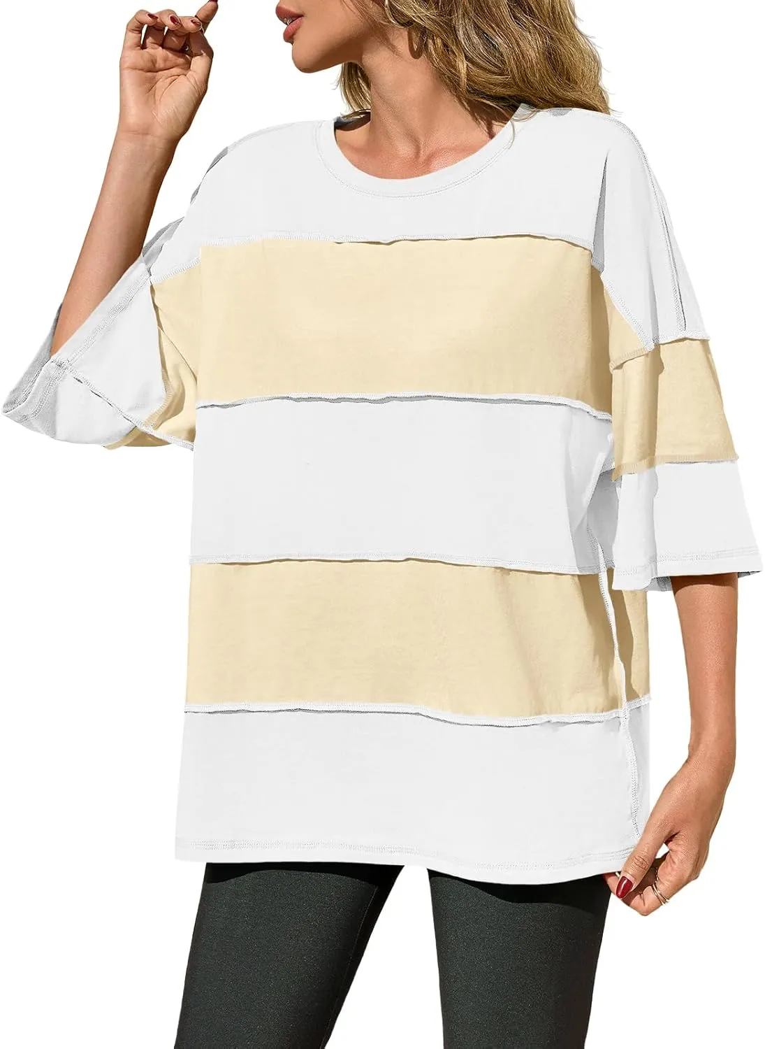 Tankaneo Womens Oversized Color Block Tshirts Half Sleeve Loose Fit Tops Summer Casual Crew Neck Exposed Seam Tee Shirts